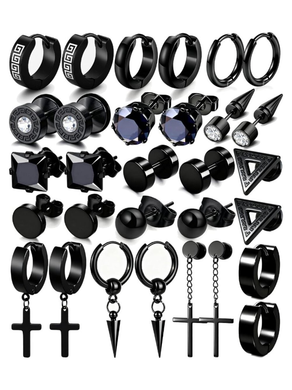 Stainless Steel Earrings Stud Kit 15 Pairs Hinged Hoop Dangle Set